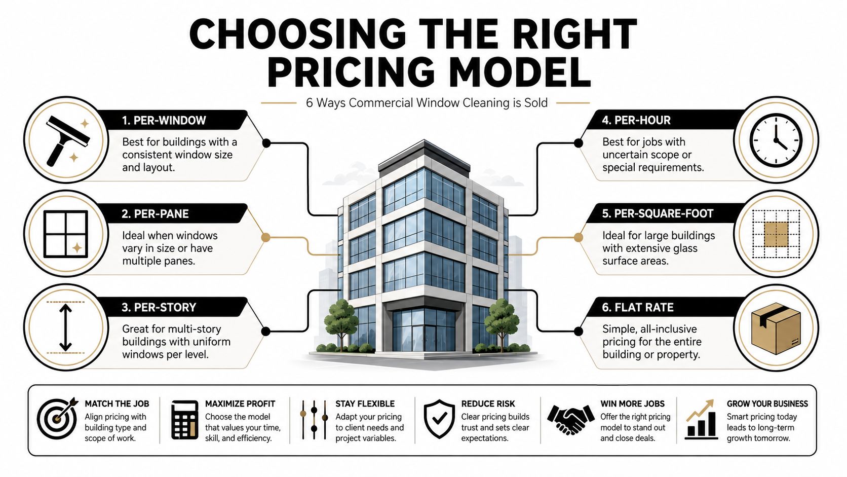 An infographic illustrating six common pricing models for commercial window cleaning services for business owners.