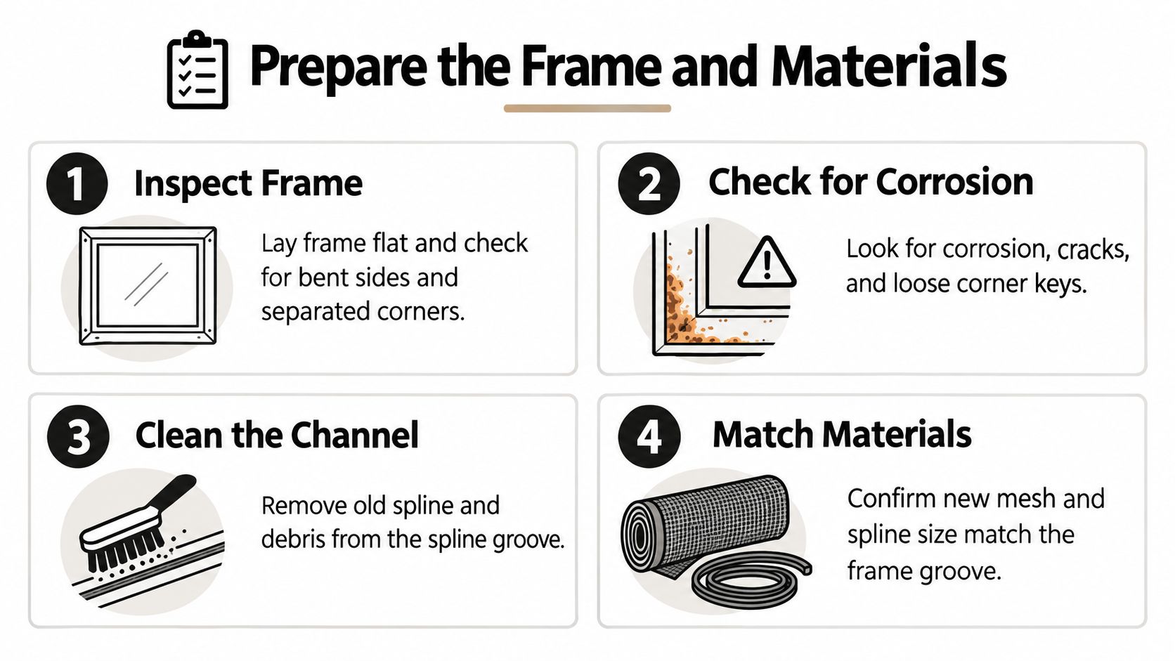 An infographic showing four steps to prepare a window screen frame and materials for replacement.