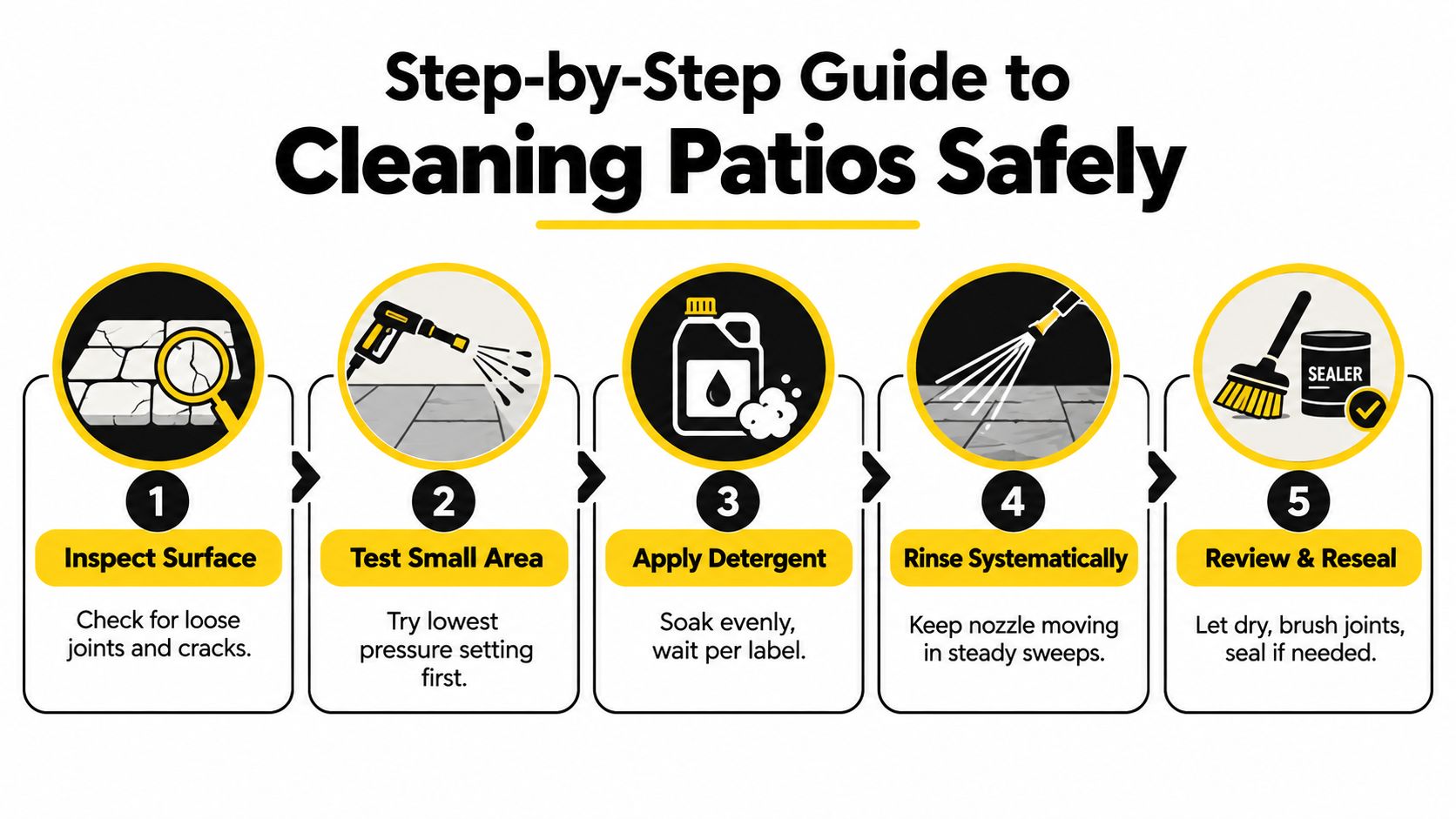 A step-by-step infographic illustrating the safe process for cleaning and sealing a backyard patio surface.