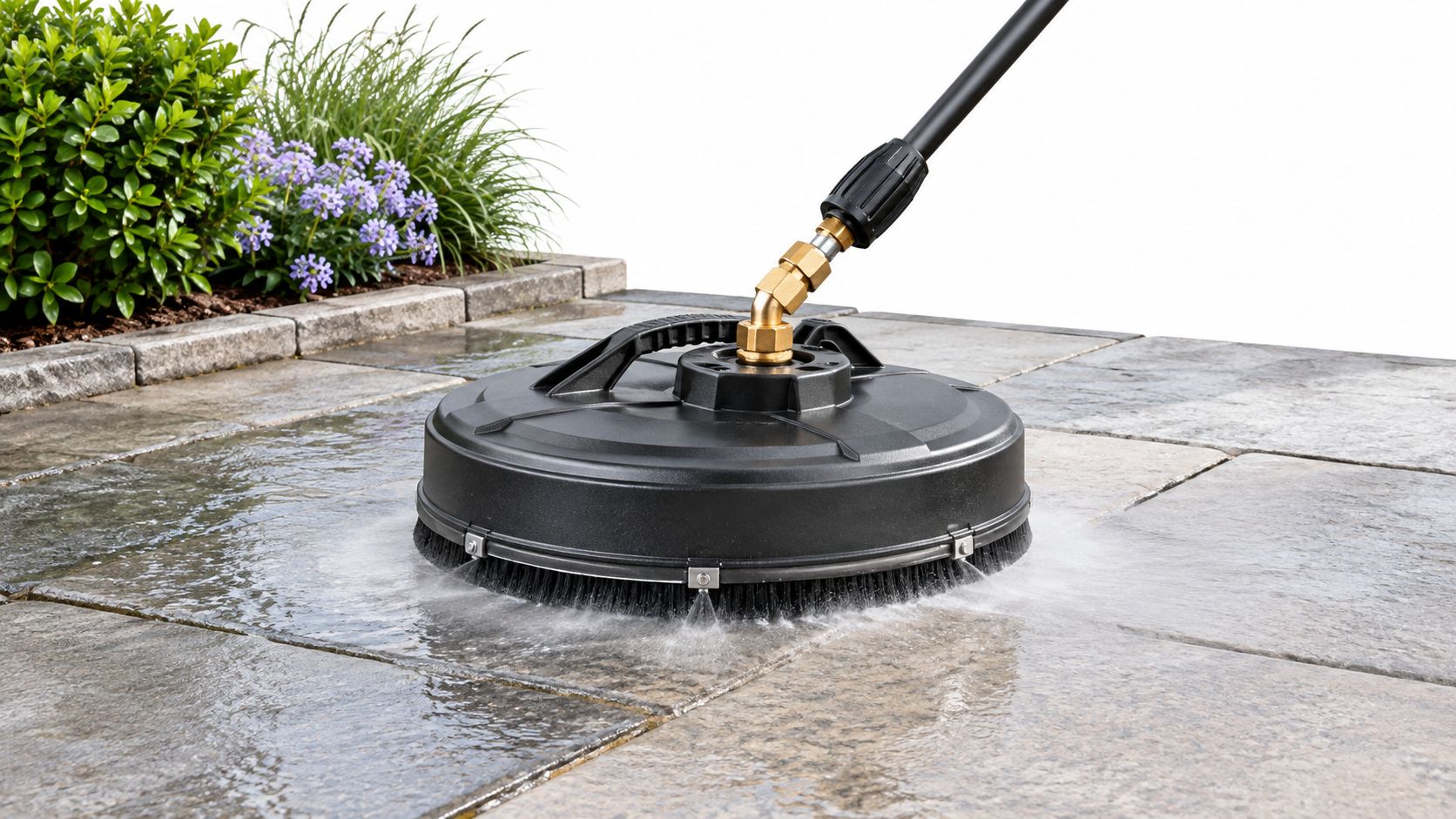A close-up of a pressure washer surface cleaner scrubbing grey stone patio pavers with spraying water.
