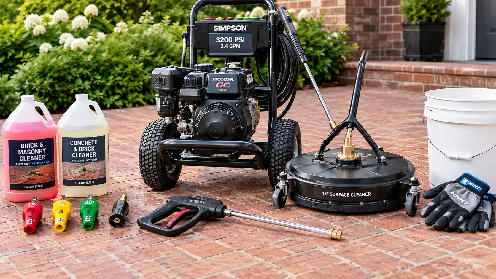 A Simpson pressure washer with a surface cleaner, cleaning solutions, and accessories set on a brick patio.