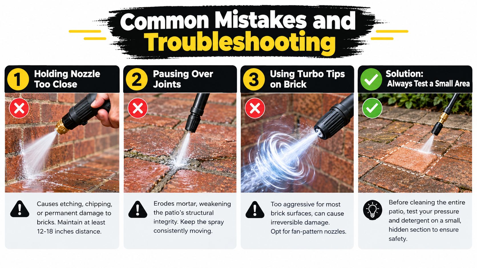 A guide illustrating common pressure washing mistakes on brick patios and the importance of testing surfaces.