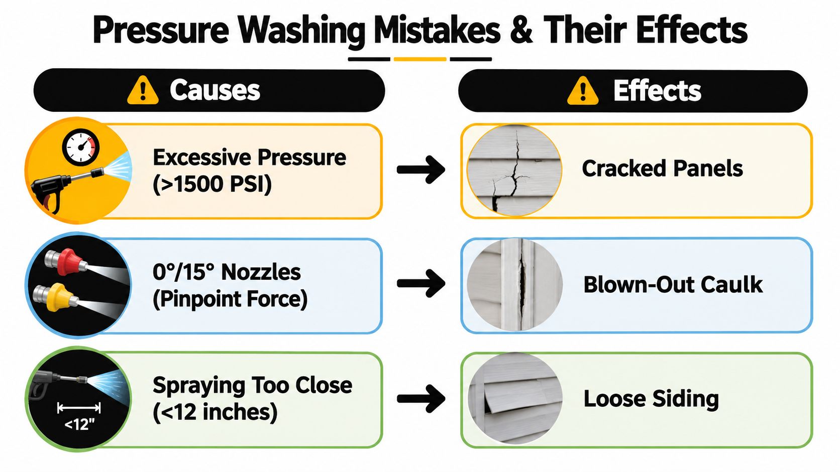 An infographic showing three common pressure washing mistakes and the resulting damage to residential vinyl siding.