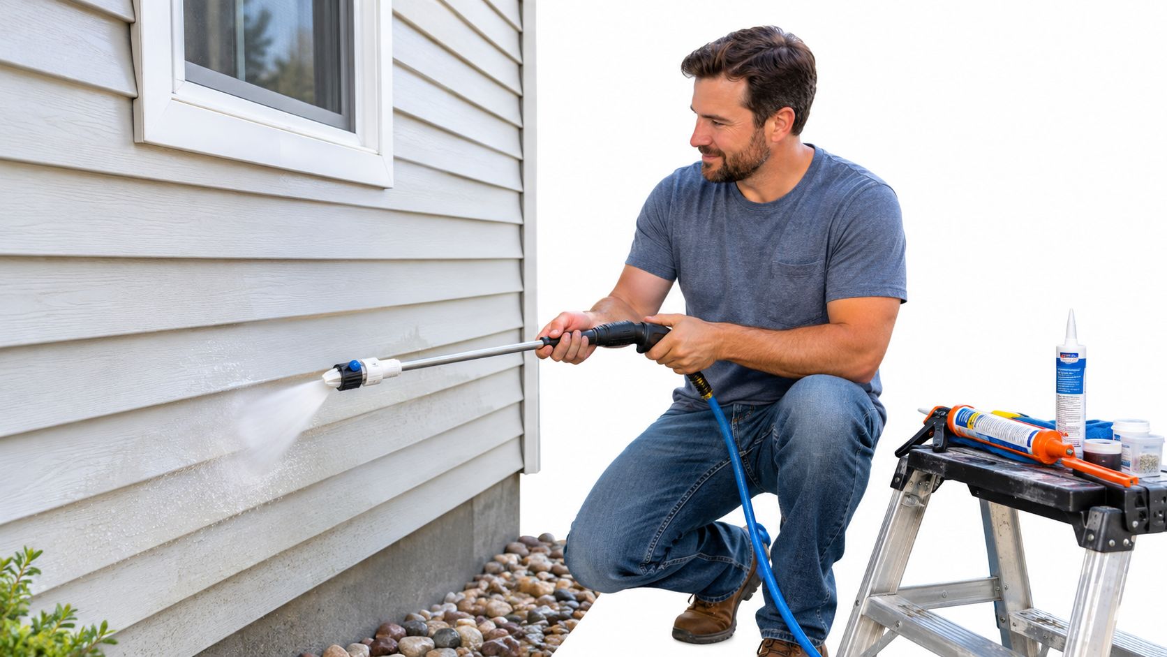 A man pressure washing light-colored vinyl siding on a house wall while kneeling near a ladder.