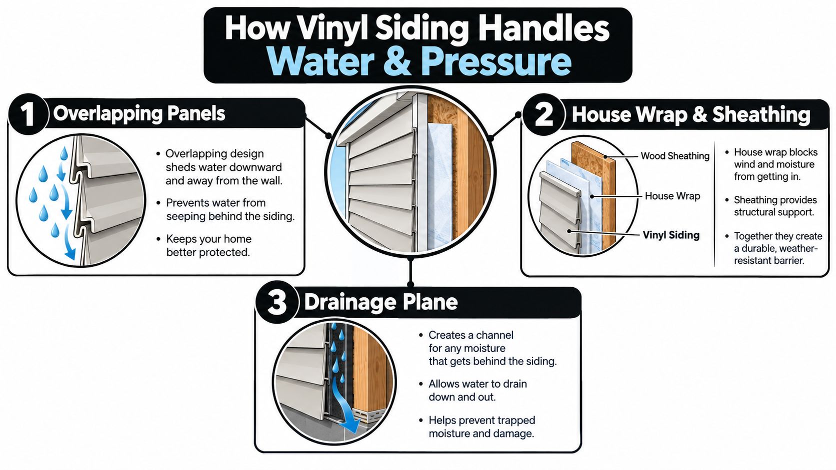 An infographic showing three ways vinyl siding manages water, including overlapping panels, house wrap, and drainage planes.