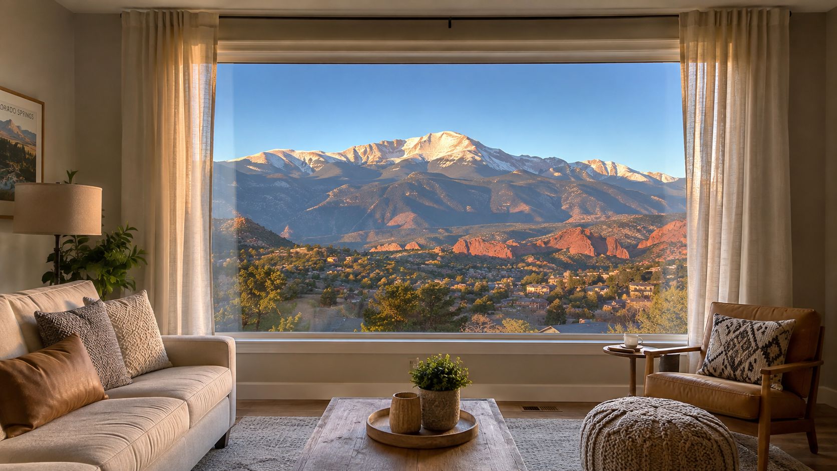 A cozy living room with a large window offering a stunning view of snow-capped mountains.