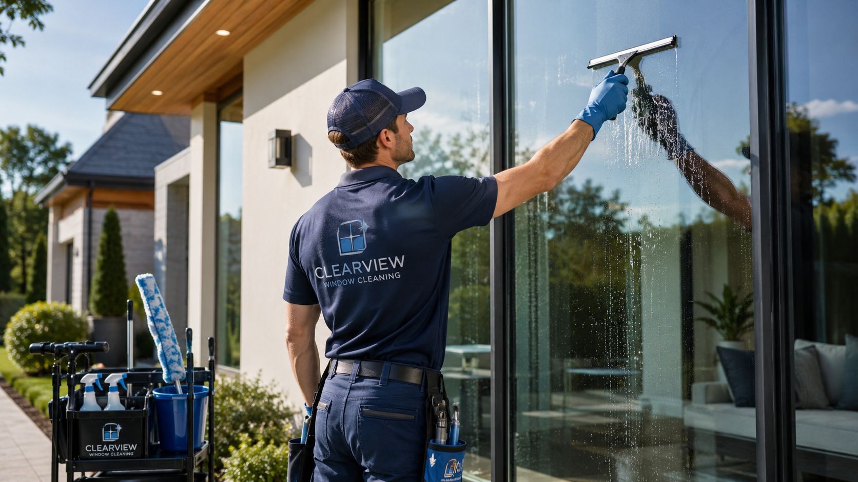 A professional window cleaner wearing a branded uniform cleans a large glass window of a modern home.