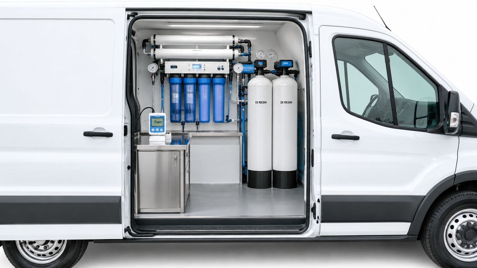 A commercial white van interior equipped with a professional water purification system for window cleaning services.