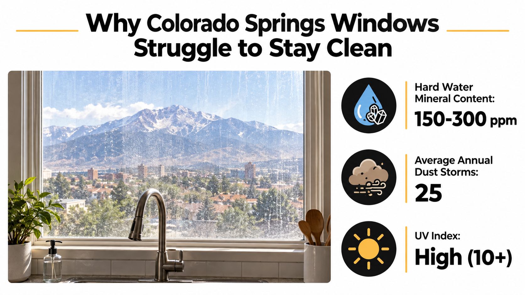 A window view of mountains in Colorado Springs showing water spots, dust, and intense sunlight damage.