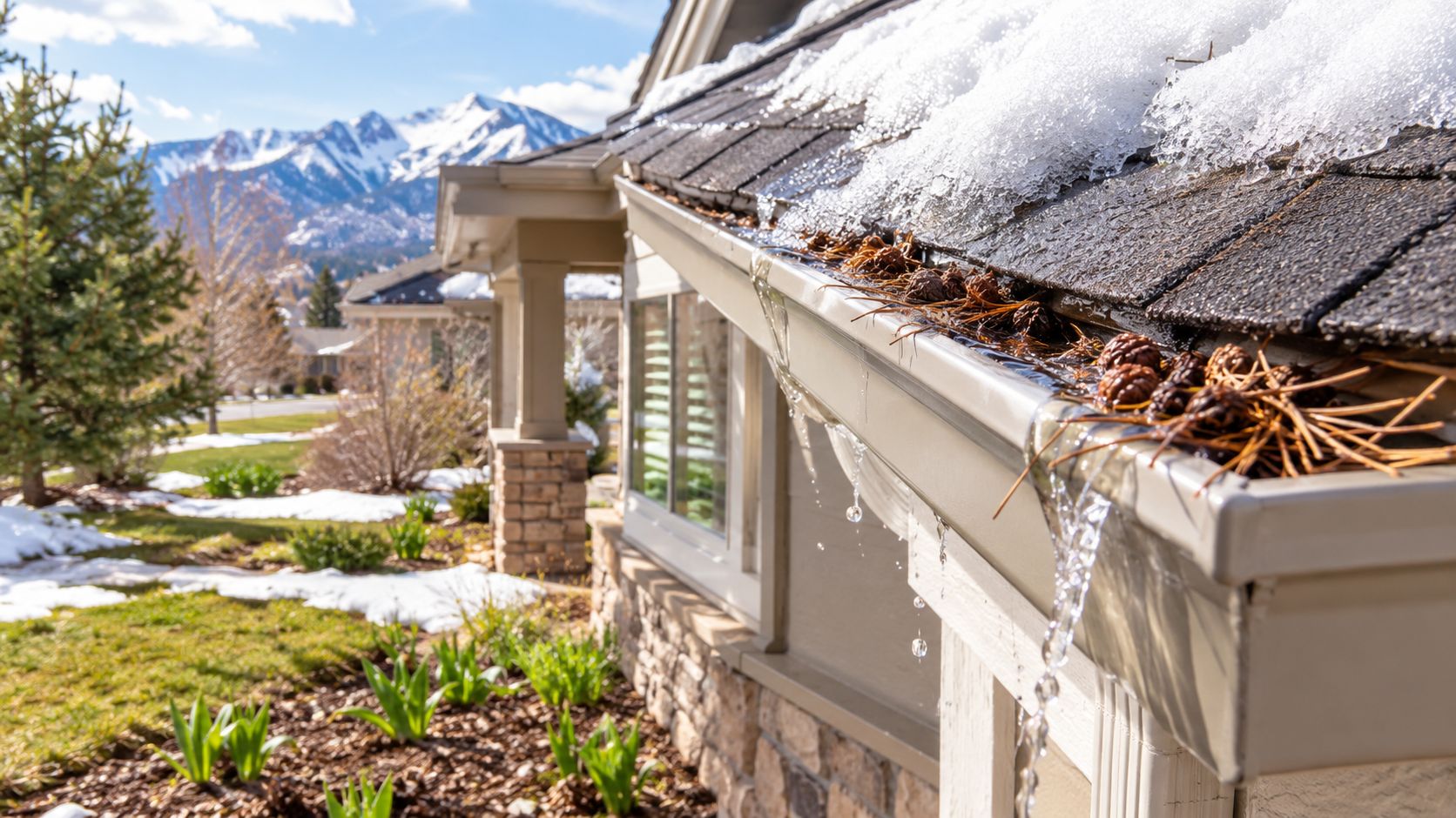 Clogged rain gutters overflowing with pine needles and melting snow on a home with mountain views.