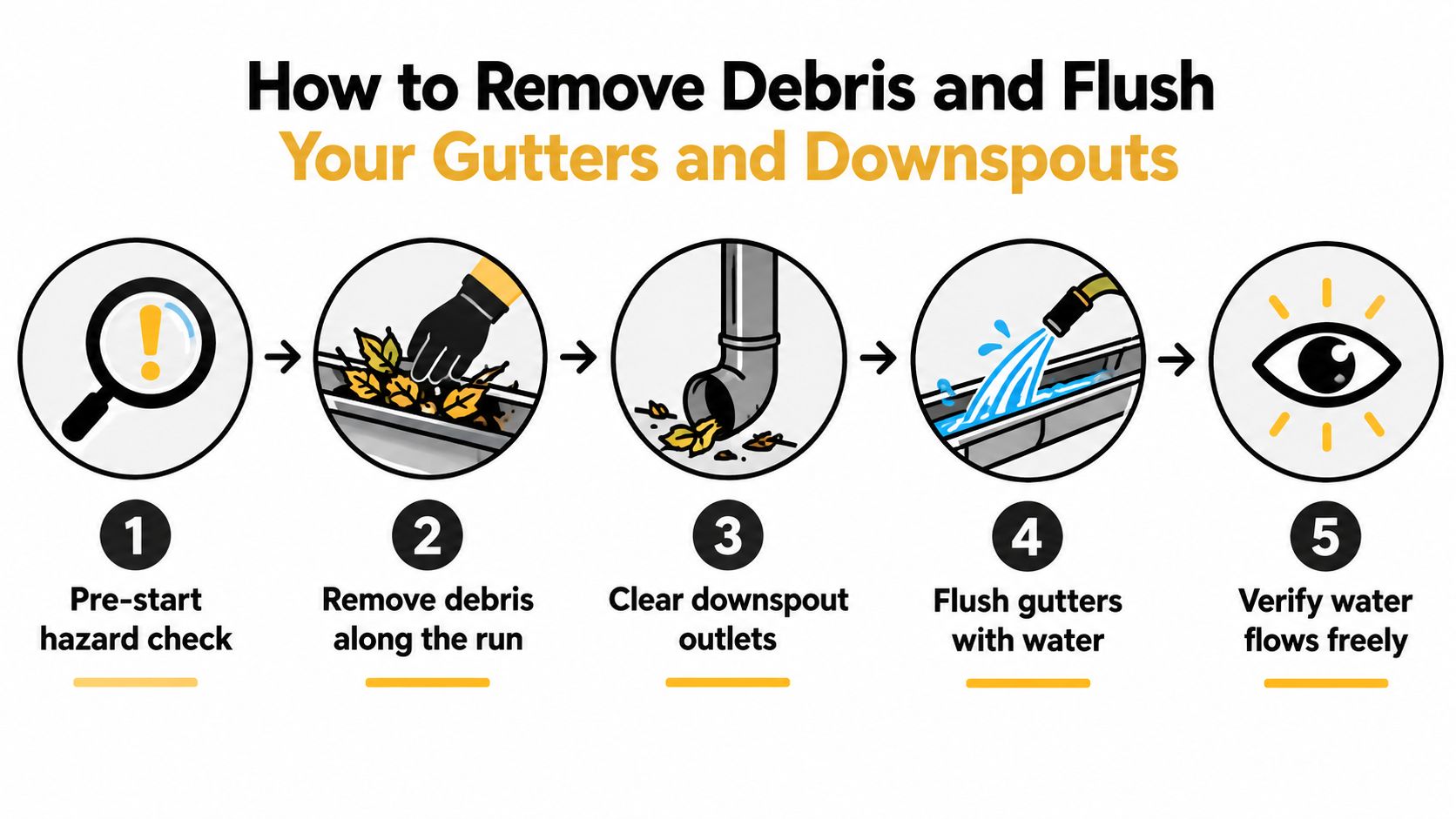 A step-by-step infographic showing how to safely clean and flush residential gutters and downspouts.