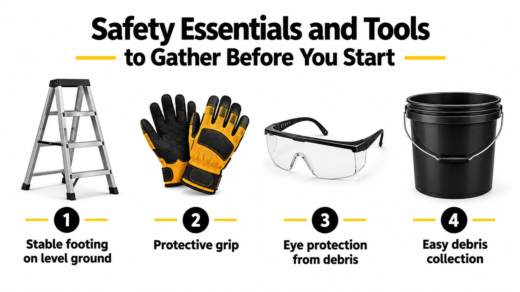 A list of safety essentials for gutter cleaning including a ladder, work gloves, goggles, and a bucket.