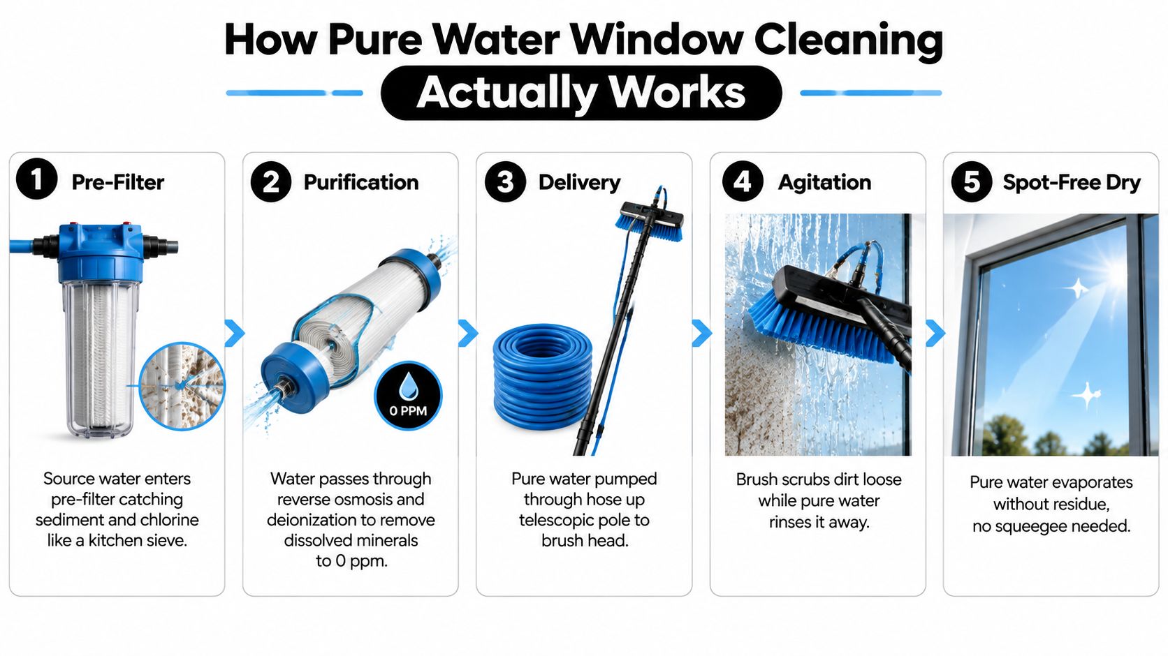 A five-step infographic showing how pure water systems clean windows by filtering and purifying water for spot-free results.
