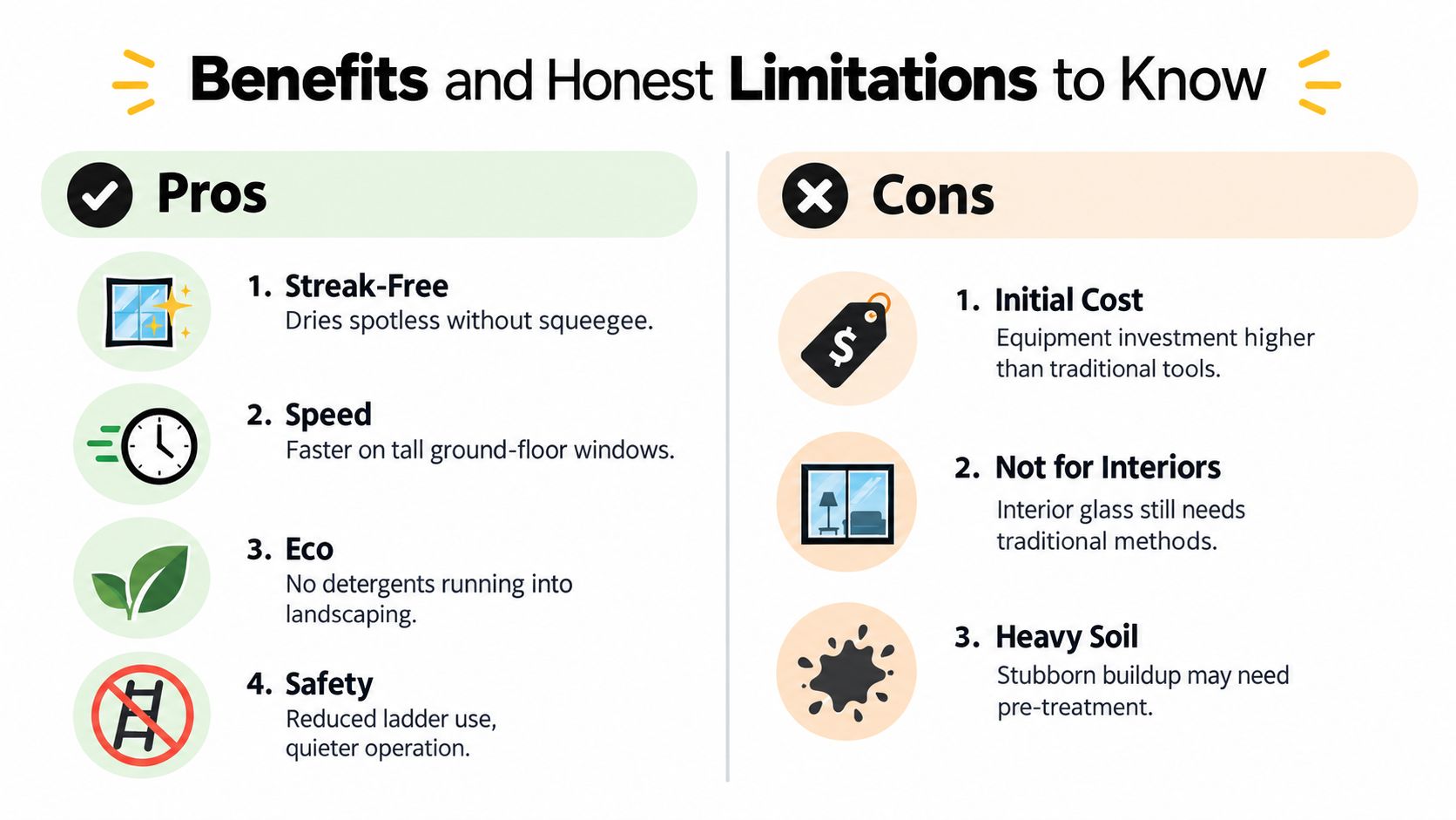 A comparison infographic showing the pros and cons of professional pure water window cleaning systems.
