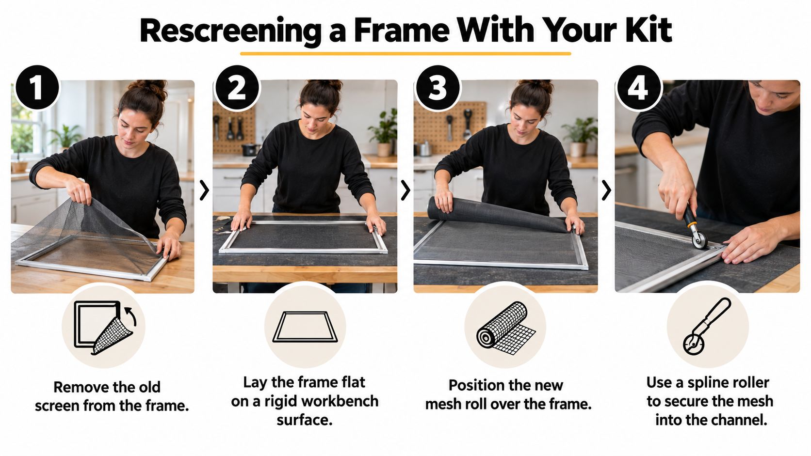 A step-by-step instructional graphic showing how to rescreen a window frame using a screen repair kit.