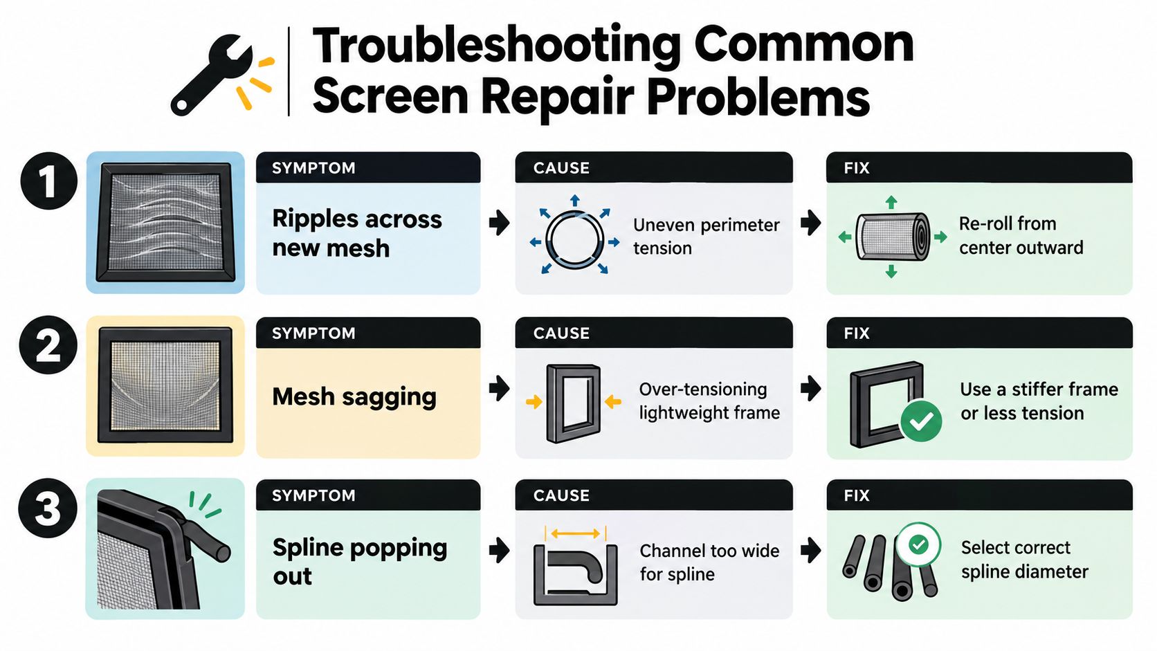 A troubleshooting guide infographic for common window screen repair problems including ripples, sagging, and spline issues.