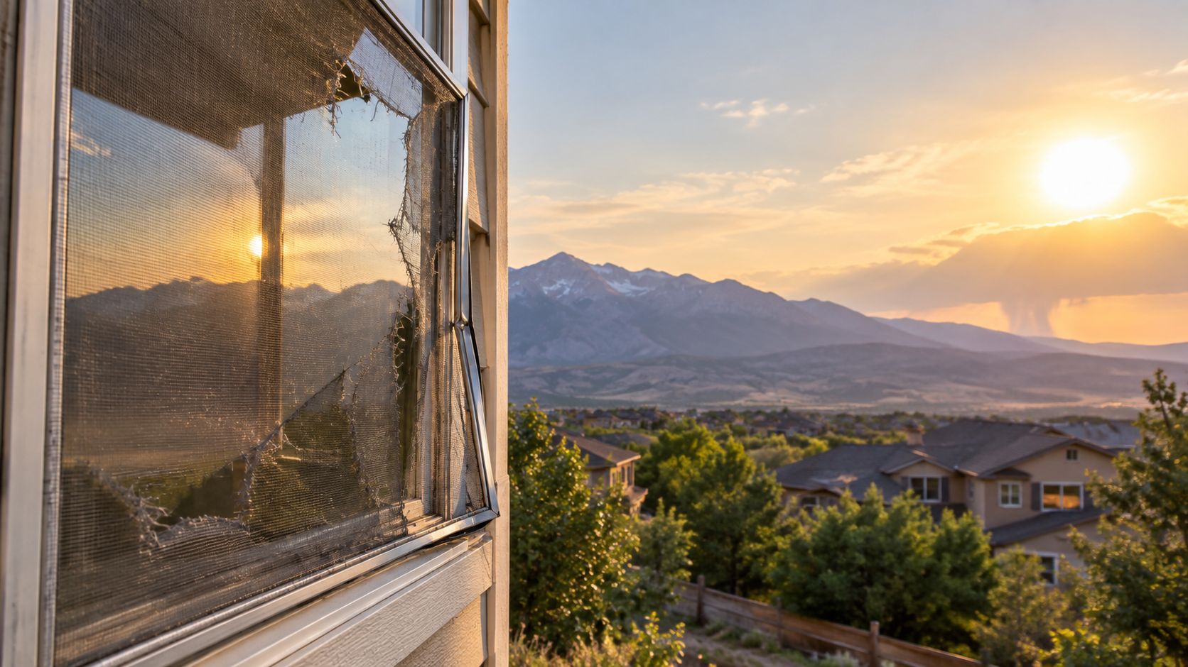 A torn window screen viewed from inside looking out at a scenic mountain sunset over suburbia.