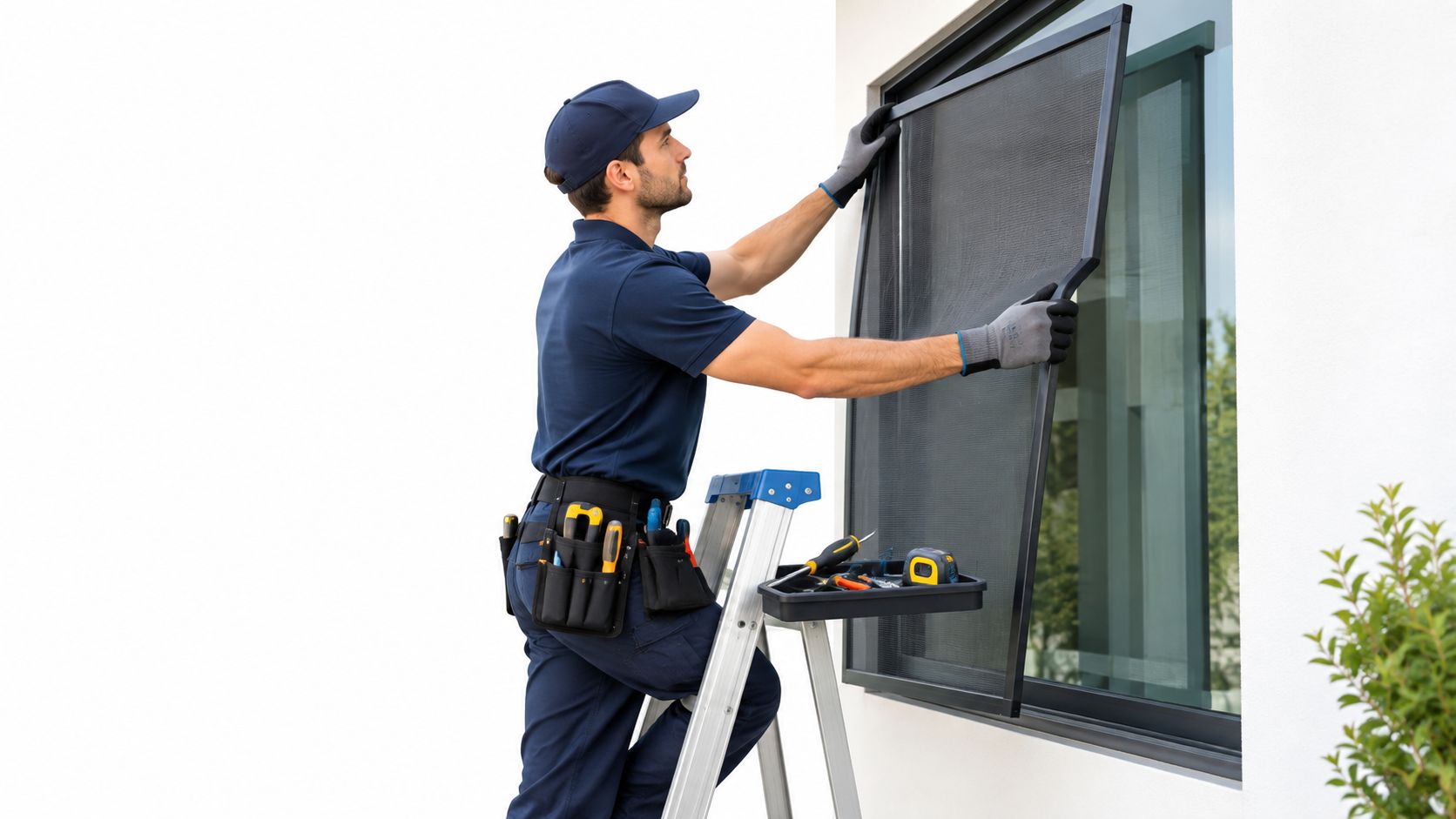 A professional technician wearing a uniform installs a window screen while standing on a tall ladder.