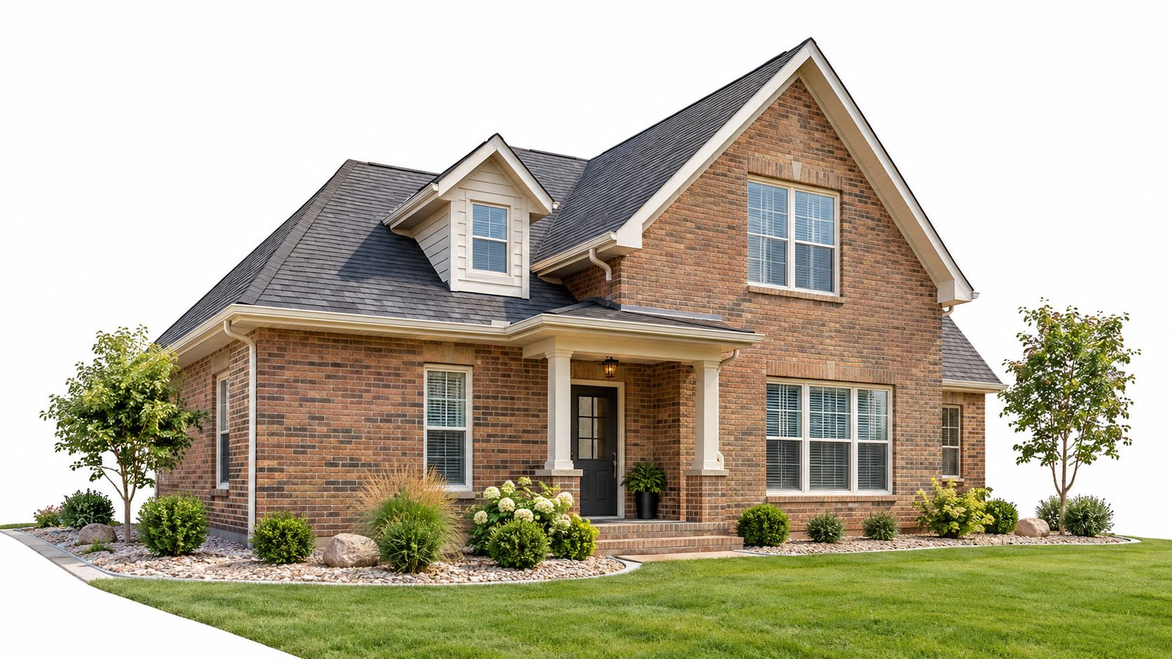 A charming two-story red brick suburban home with a manicured lawn, landscaping, and a welcoming front porch.