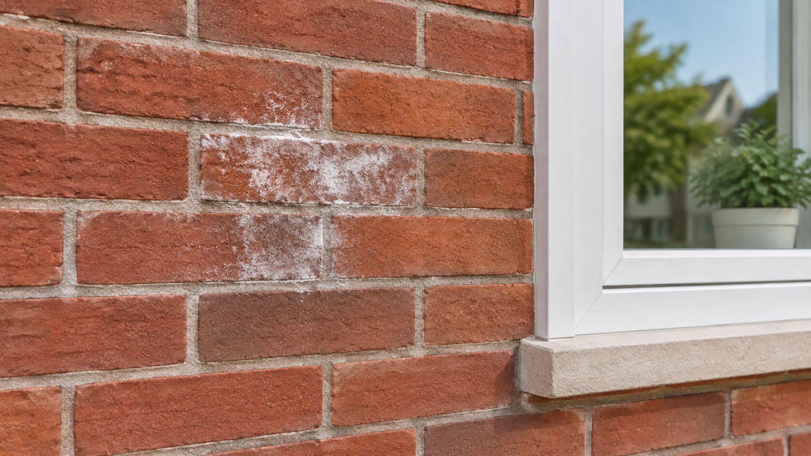 A close-up view of a brick house exterior showing efflorescence staining on the wall near a window.