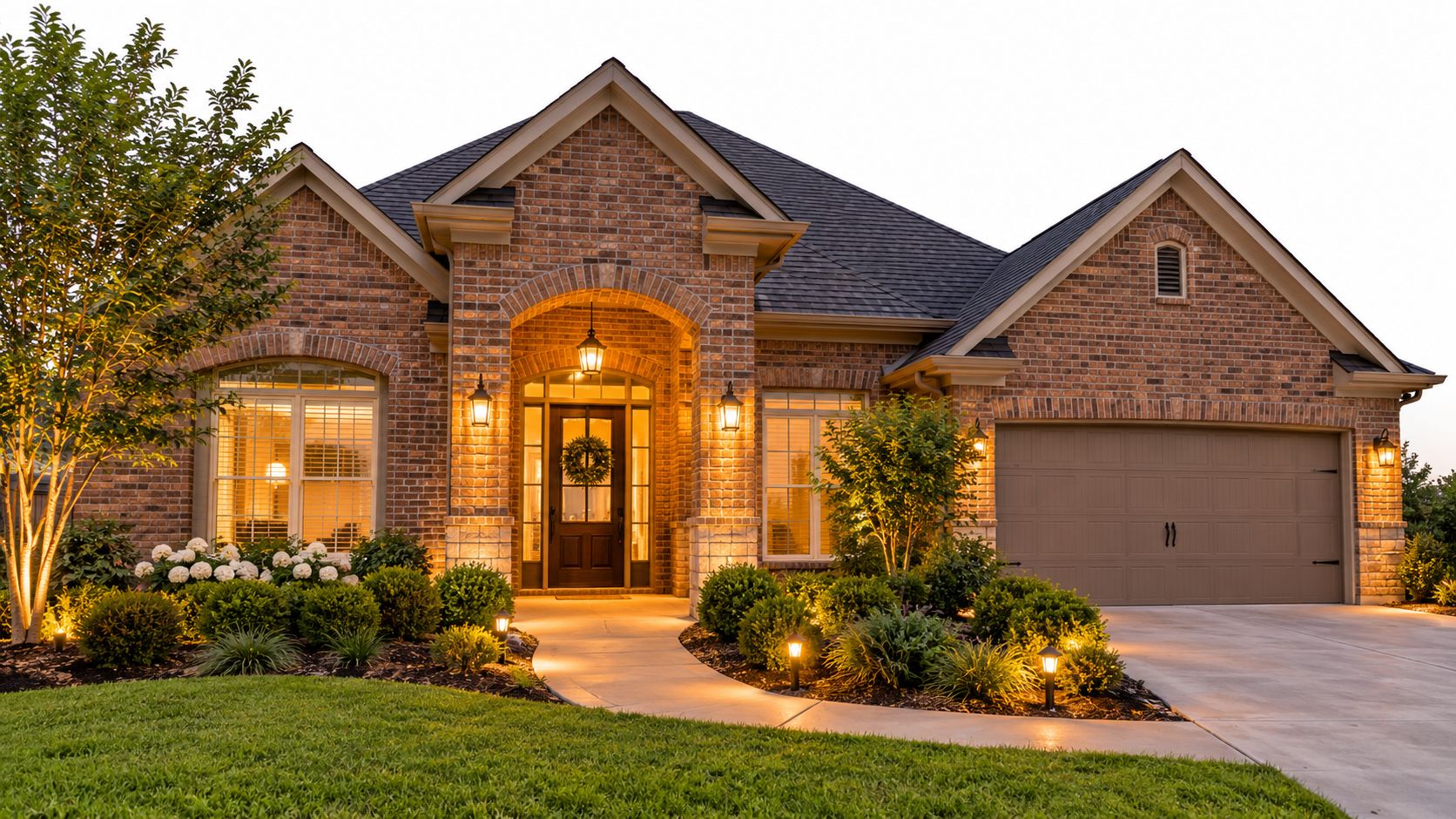 A beautiful one-story brick house with a well-manicured lawn and warm evening exterior landscape lighting.