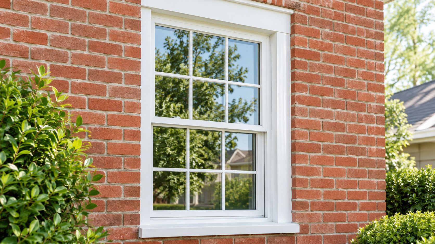 A close-up view of a classic white window frame set against a textured red brick exterior wall.