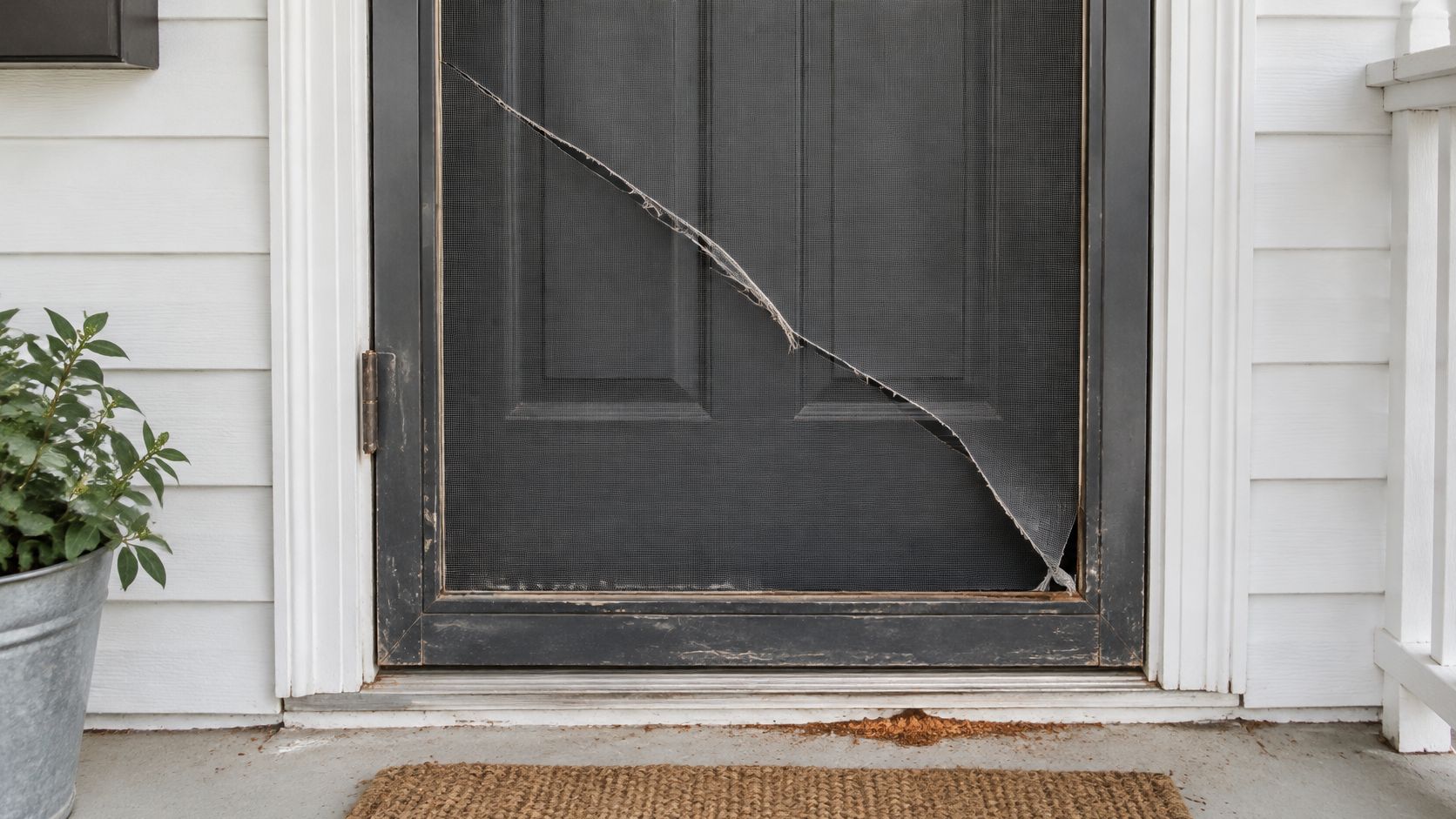 A close-up view of a damaged black screen door with a large diagonal tear in the mesh.