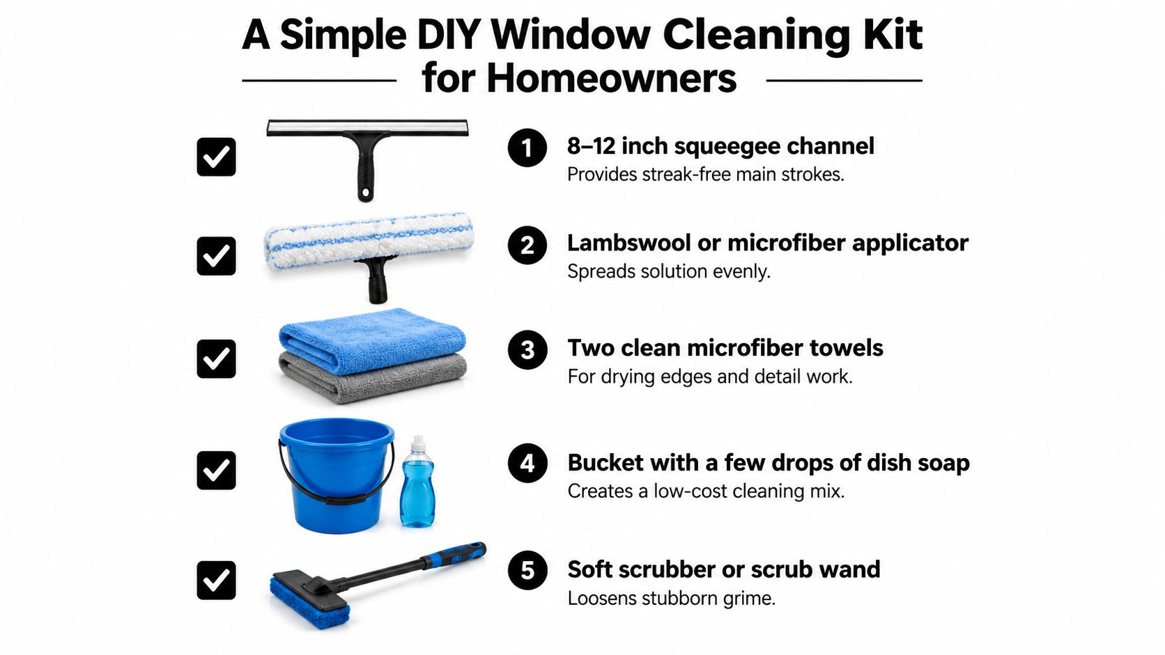 A DIY window cleaning kit list featuring five essential items for homeowners to clean their windows effectively.