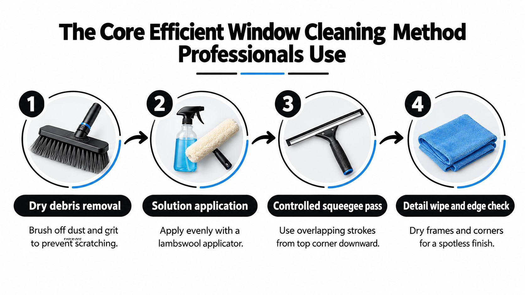 A four-step infographic illustrating the professional method for efficient window cleaning using various tools.