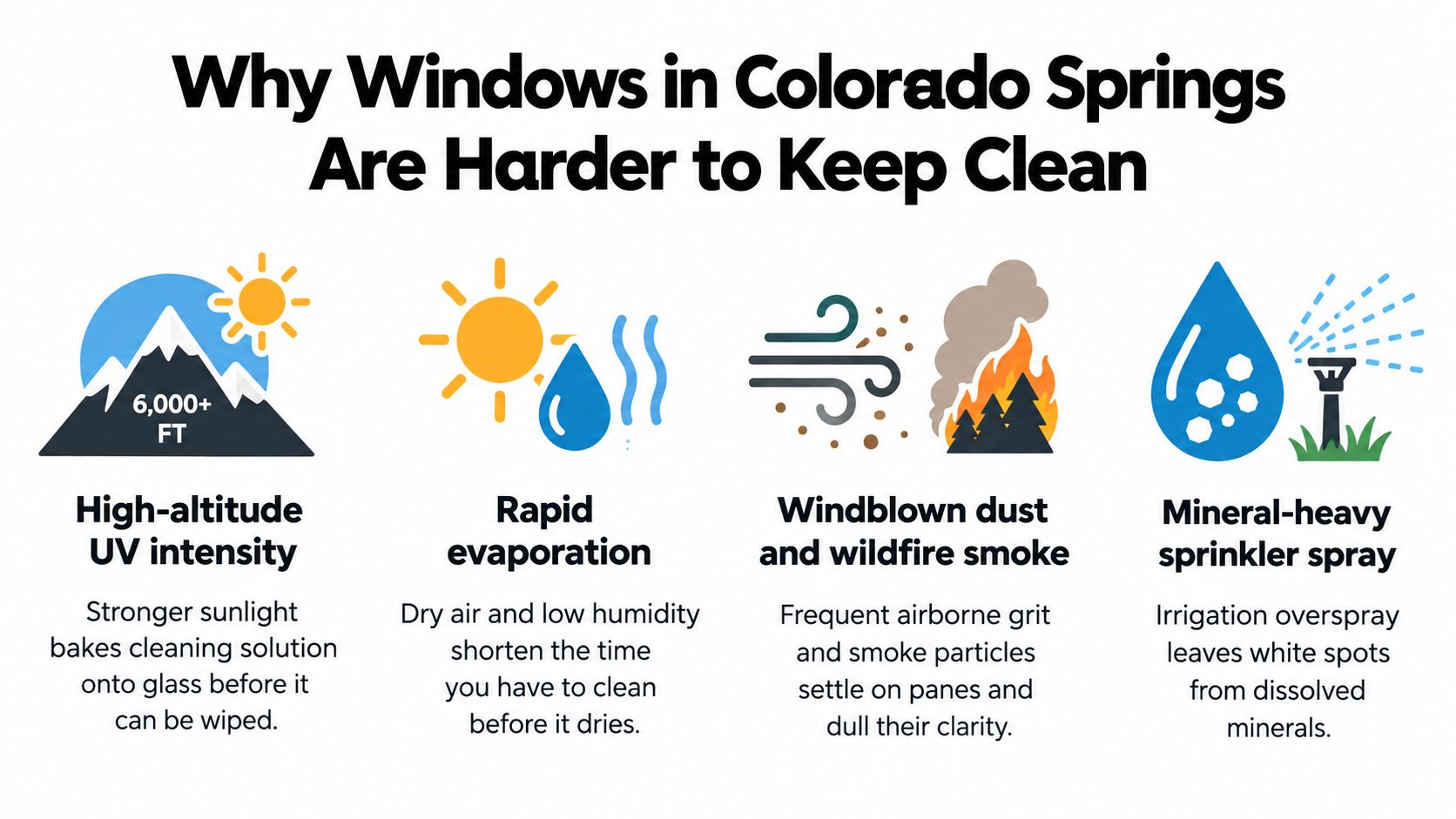 An infographic titled Why Windows in Colorado Springs Are Harder to Keep Clean listing four environmental causes.