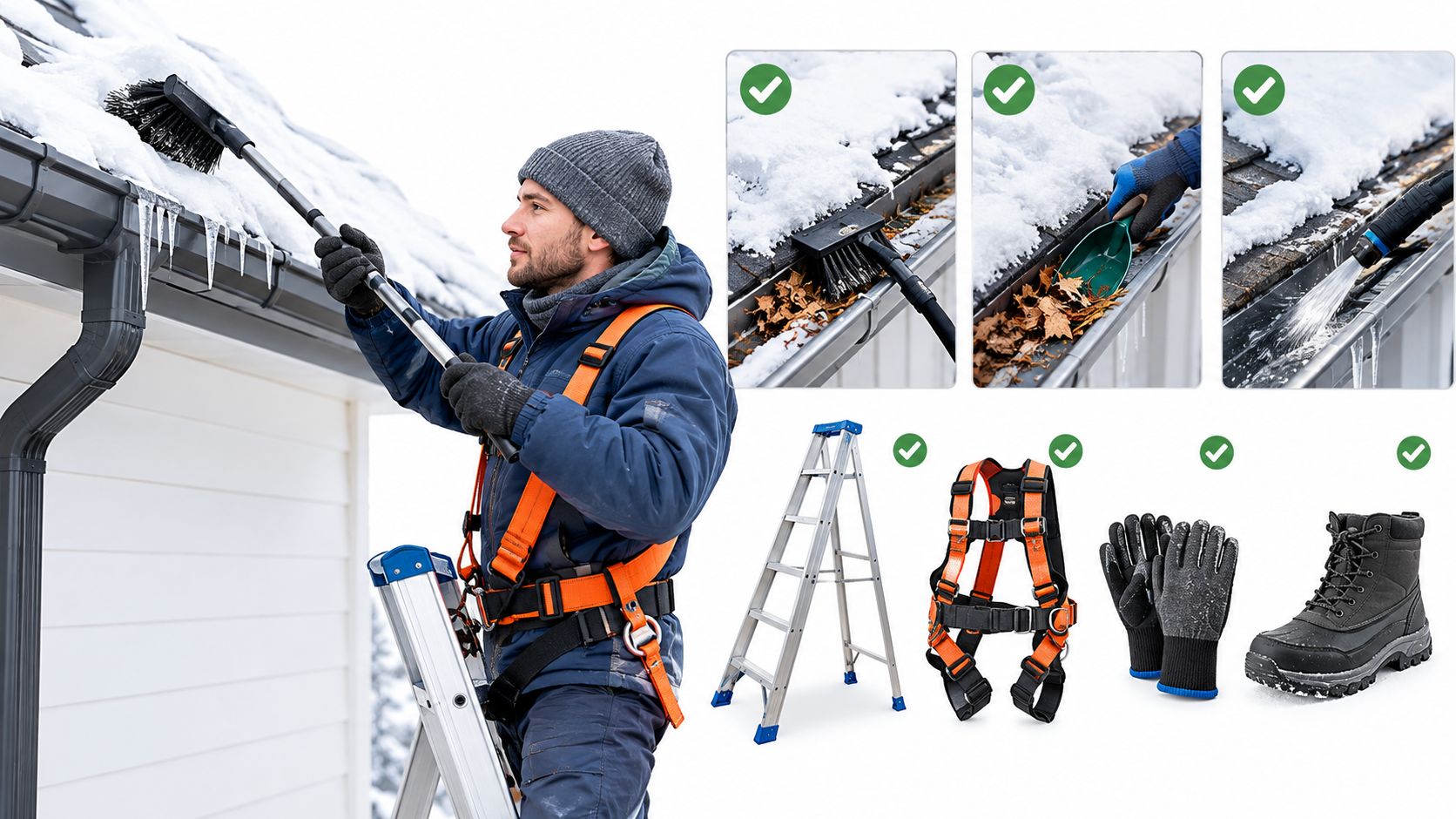 A worker using a telescopic pole to clear snow and debris from a home gutter in winter.