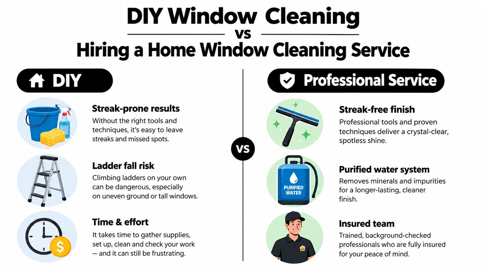 A comparison infographic between DIY window cleaning and hiring a professional home window cleaning service.