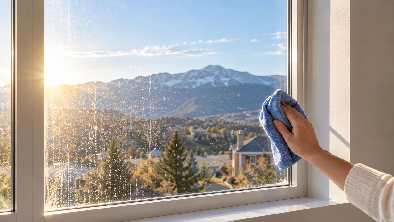 A person cleaning a streaky glass window with a blue microfiber cloth during a bright sunny day.