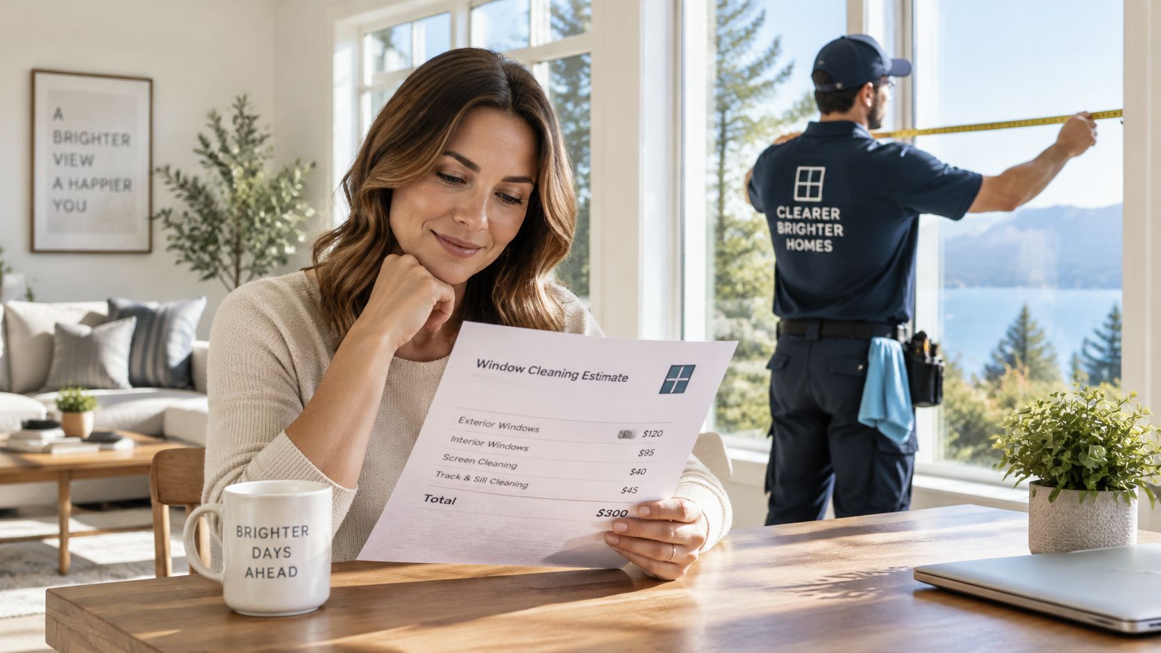 A smiling woman reviews a window cleaning estimate while a professional technician measures windows in the background.
