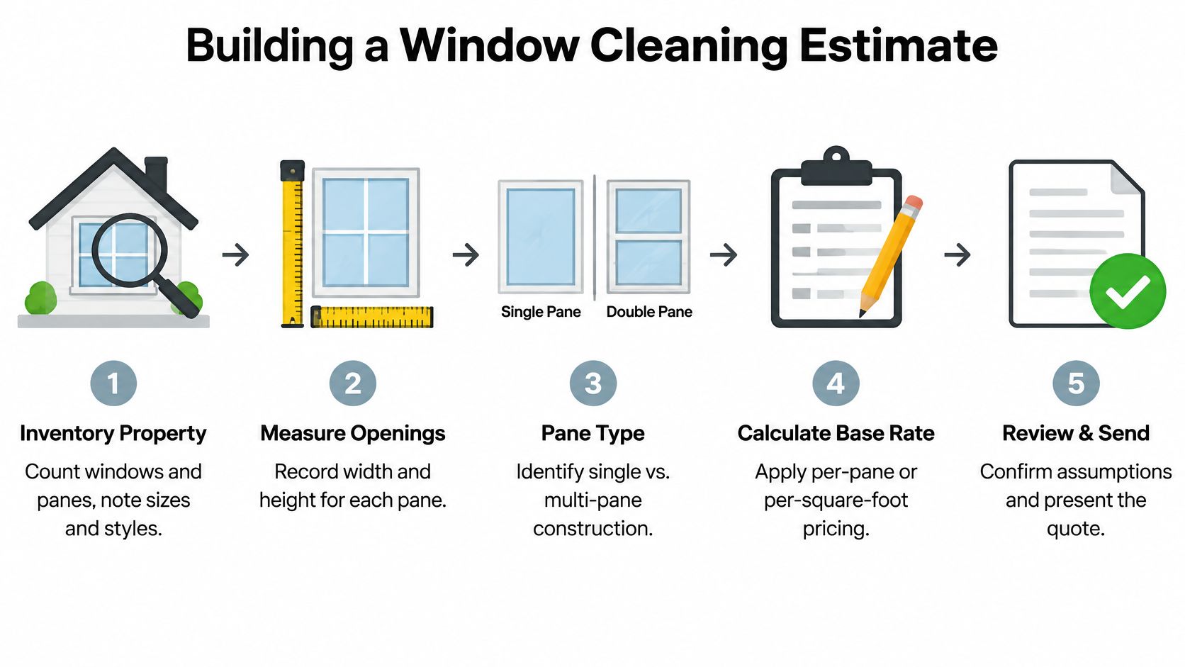 A five-step infographic illustrating the professional process for creating a window cleaning price estimate for customers.