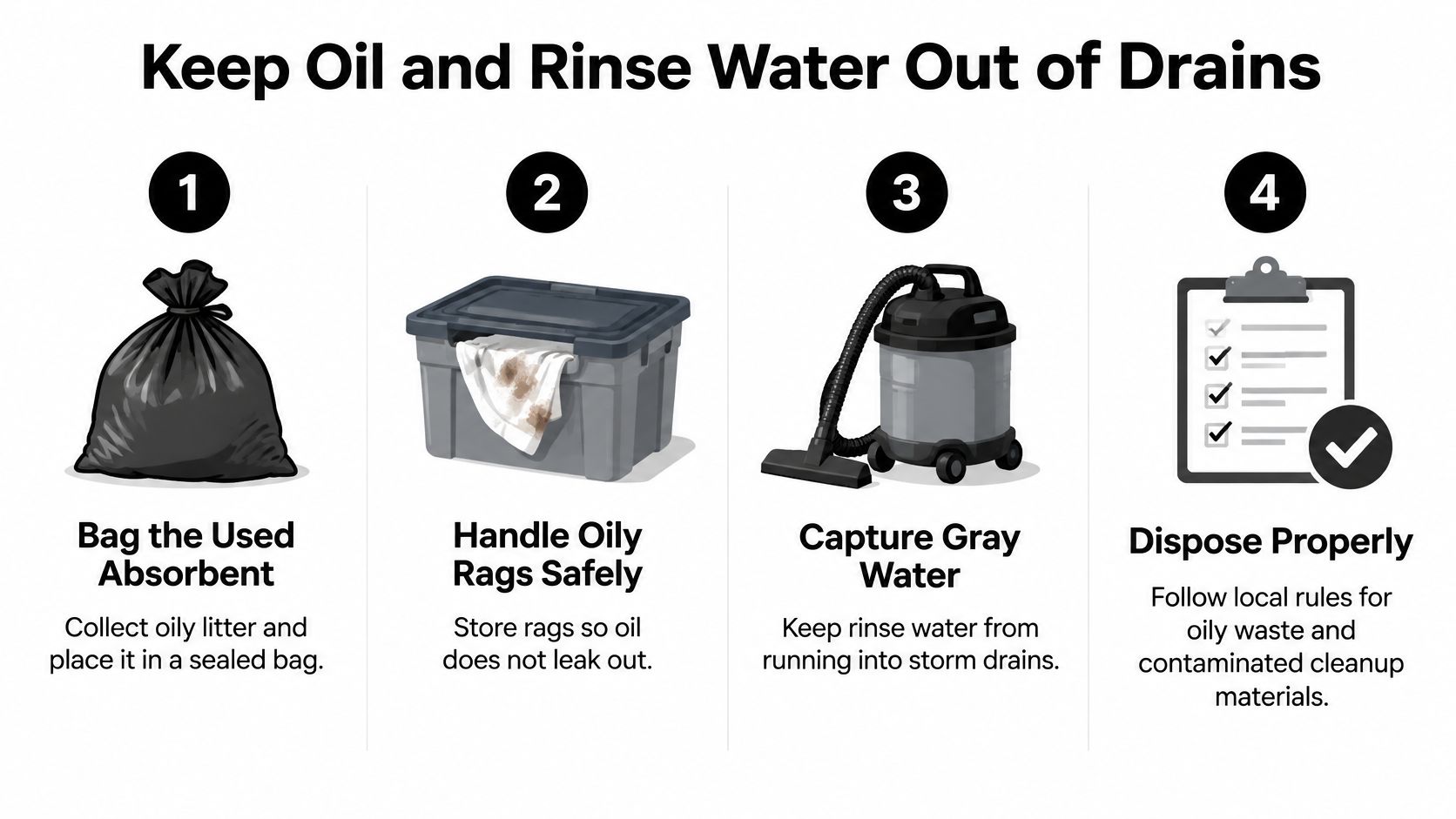 An infographic illustrating four steps to prevent oil and rinse water from contaminating storm drains.
