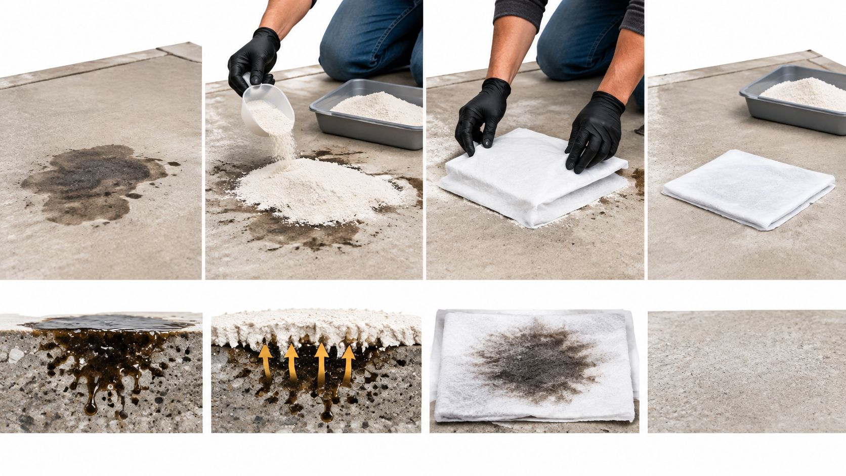 A step-by-step guide showing how to remove an oil stain from a concrete driveway using absorbent powder.