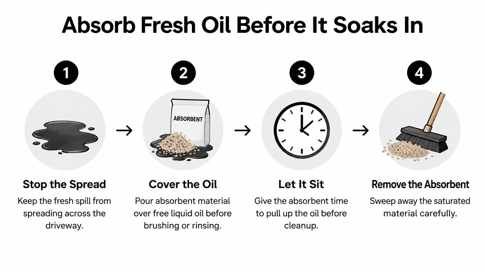 A four-step guide on how to clean up fresh oil spills on a driveway using absorbent material.