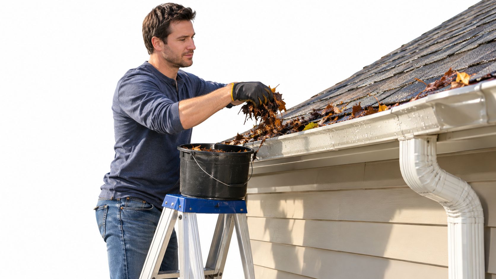 A man wearing gloves stands on a ladder cleaning dry autumn leaves out of a house gutter.