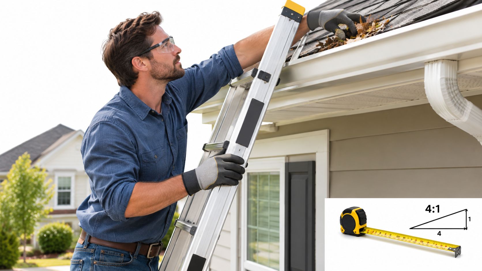 A man wearing protective gear cleaning debris from a residential gutter while standing on an extension ladder.
