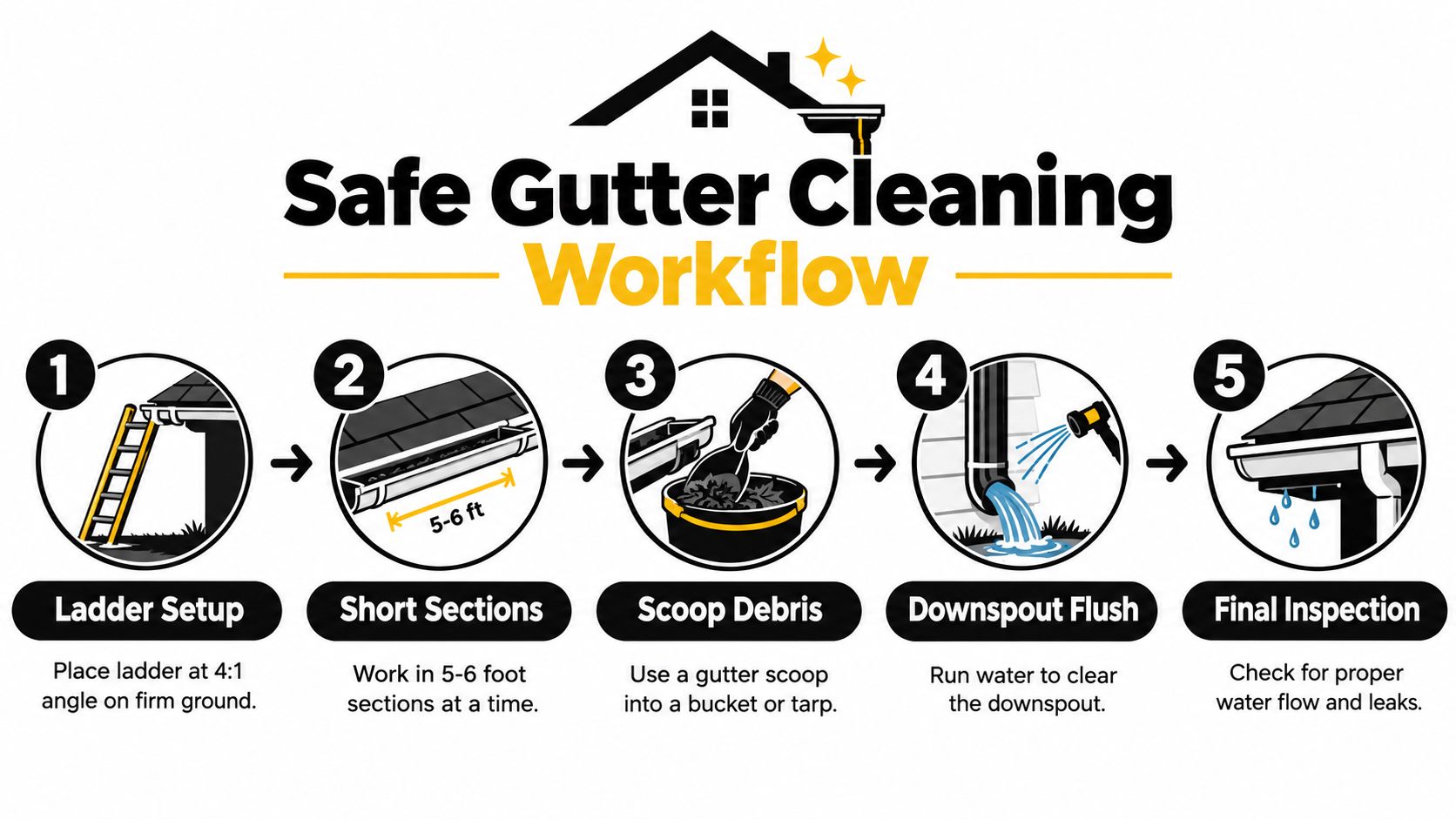 A step-by-step infographic illustrating the safe workflow for cleaning residential gutters effectively and safely.