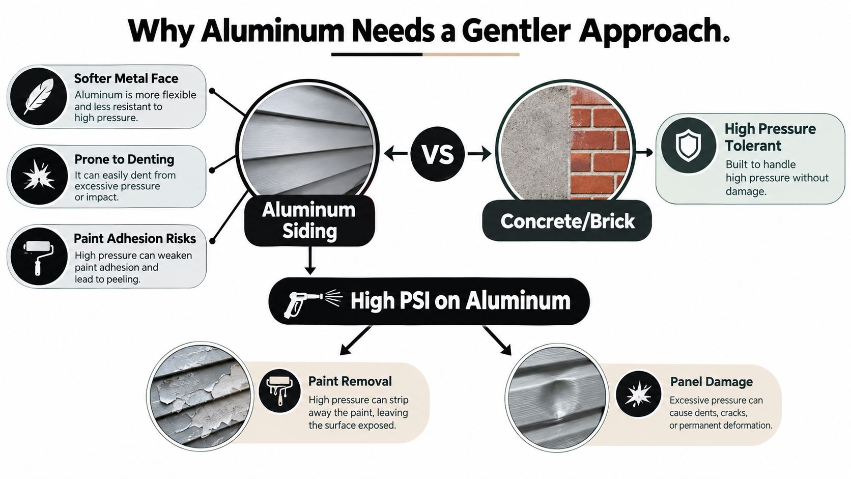An infographic showing why high pressure cleaning causes damage to aluminum siding compared to concrete or brick.