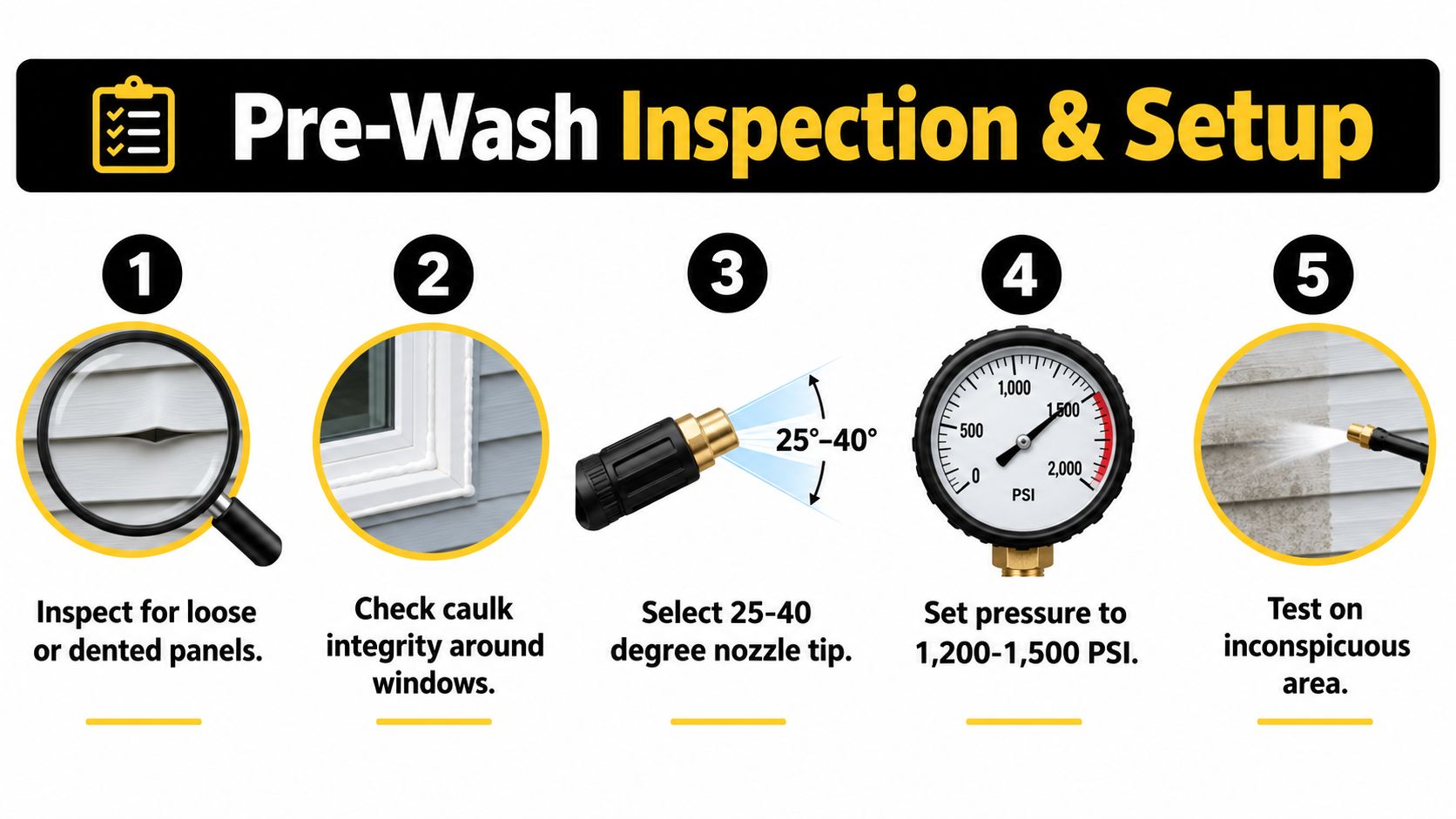 A five-step instructional guide on how to prepare aluminum siding for safe pressure washing.