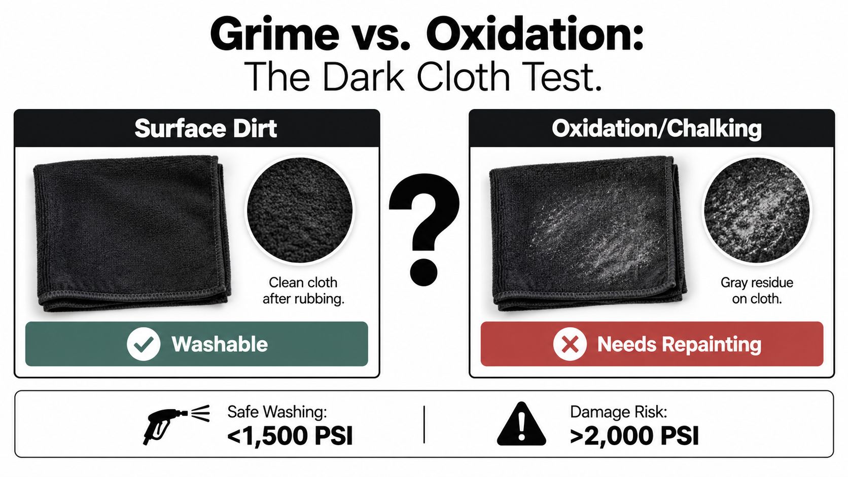 A diagnostic guide showing the dark cloth test to differentiate between surface dirt and oxidation on siding.