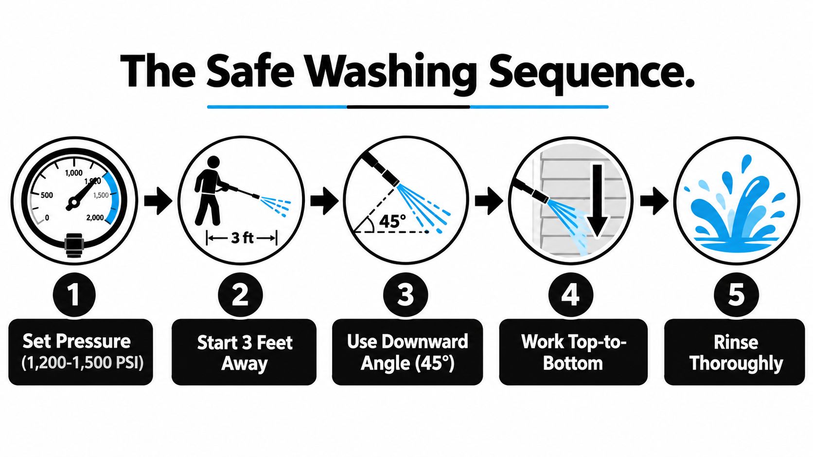 An infographic illustrating five safe steps for washing aluminum siding with a pressure washer.