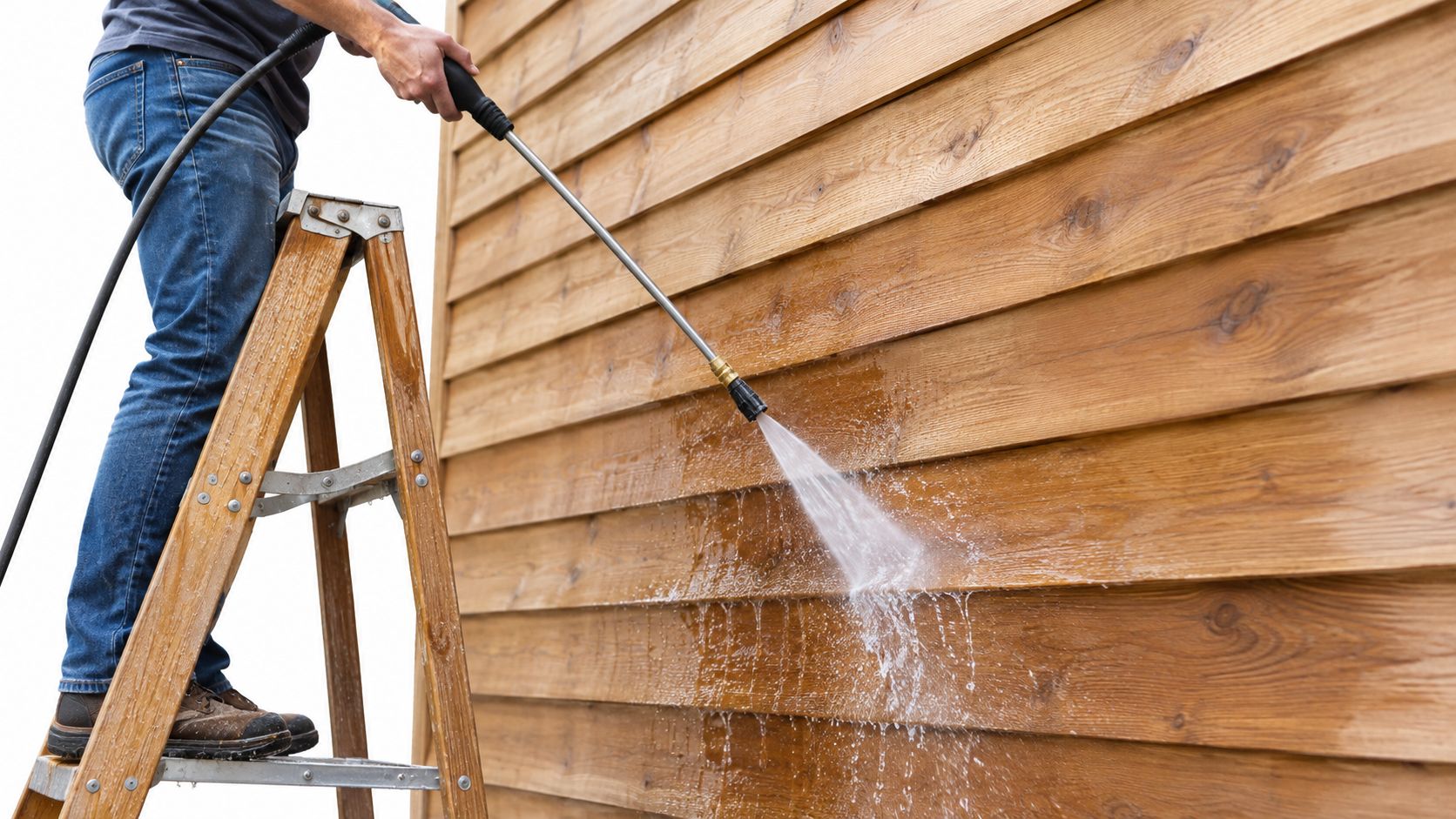 A person on a wooden ladder uses a pressure washer to clean cedar siding on a house.