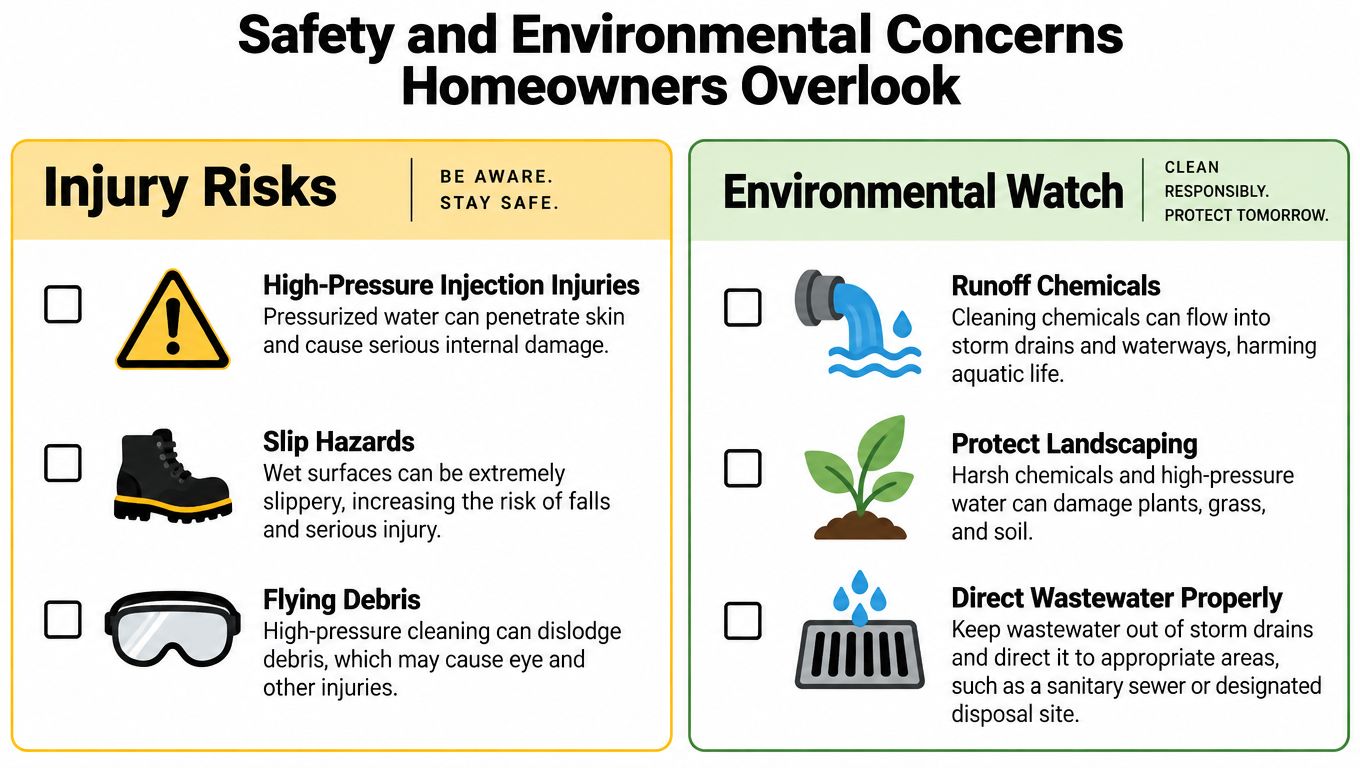 An infographic detailing safety and environmental concerns to consider when pressure washing your home's exterior surfaces.