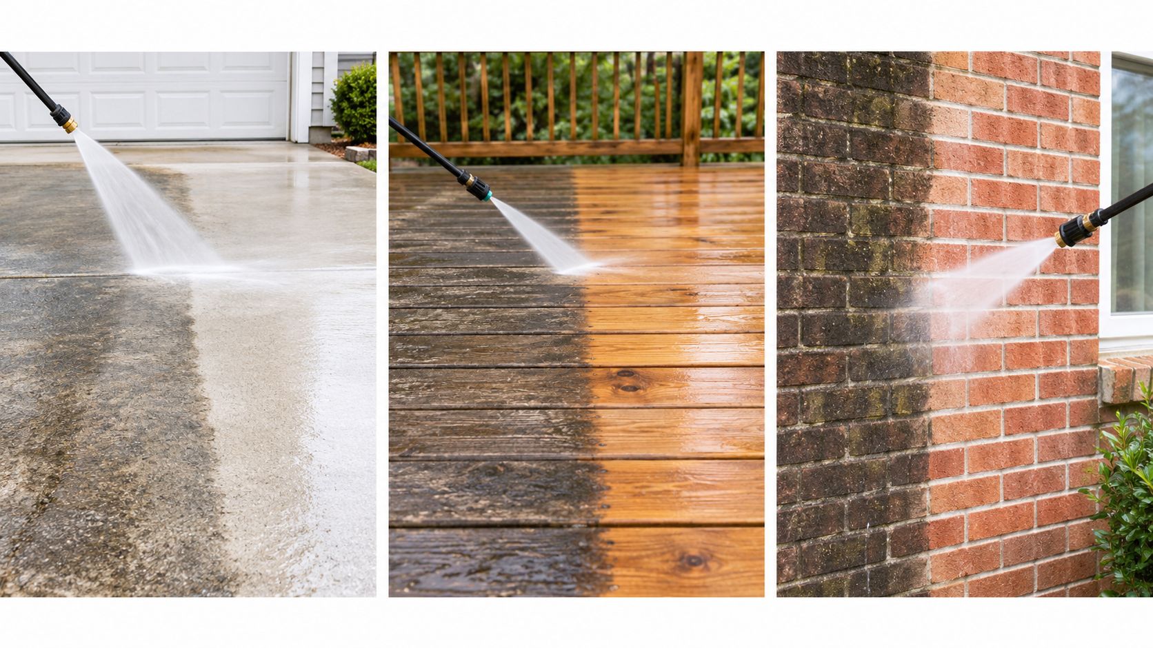 A composite image showing the effective results of pressure washing a concrete driveway, wooden deck, and brick wall.