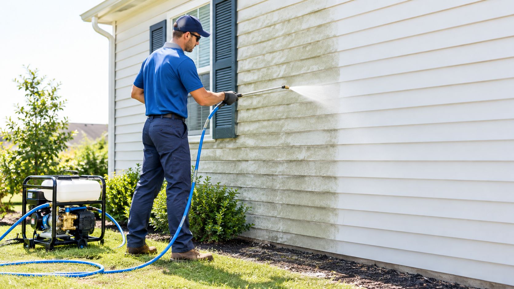 A professional worker using a high-pressure washer to clean algae and dirt from residential vinyl siding.