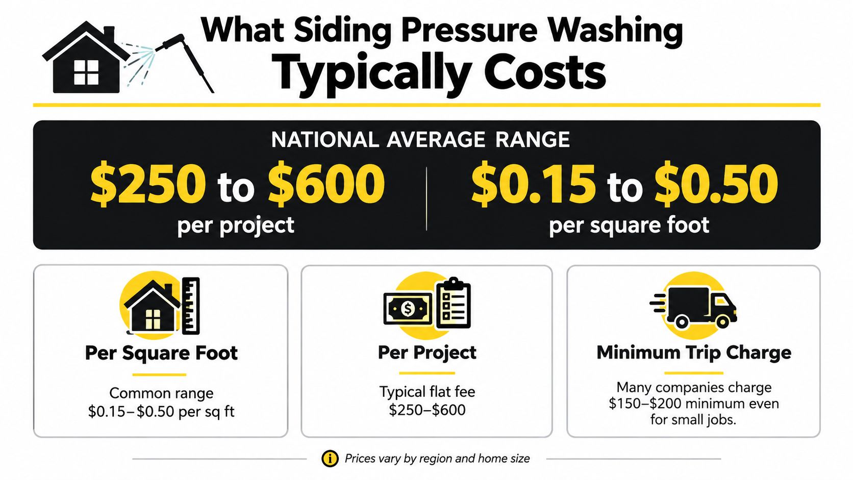 An infographic showing the national average cost for siding pressure washing services based on project or square footage.